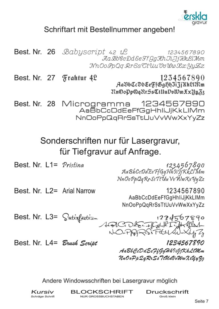 Gravurmuster Schrift 26-28, Sonderschriften für Lasergravur 1-4